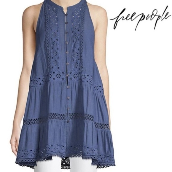 Free People Adelaide Blue Eyelet Trim Sleeveless Tunic Size Small S Button Boho - Picture 6 of 6